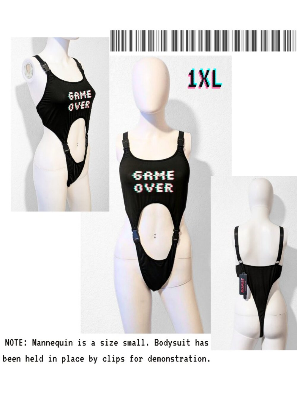 NWT ROMWE Game Over Cutout Buckle Bodysuit 1XL Black Cyber Y2K Techwear Rave